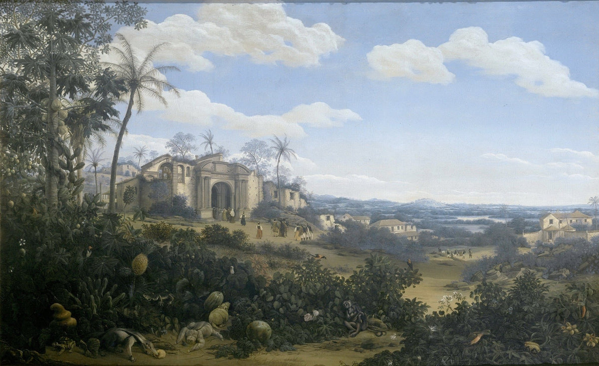 Landscape oil painting of a tropical village with ancient ruins and lush palms under a cloudy sky, textured brushwork on oil . - Add Frame, Architecture, Canvas, Figure, Forest, Hand Painted, Landscape, Made To Order, Oil Painting, Village