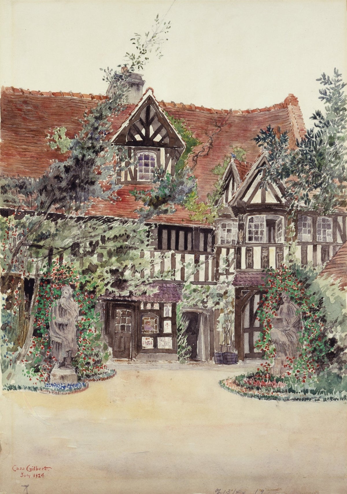 Hand-painted tudor courtyard with old garden statues landscape oil painting on canvas