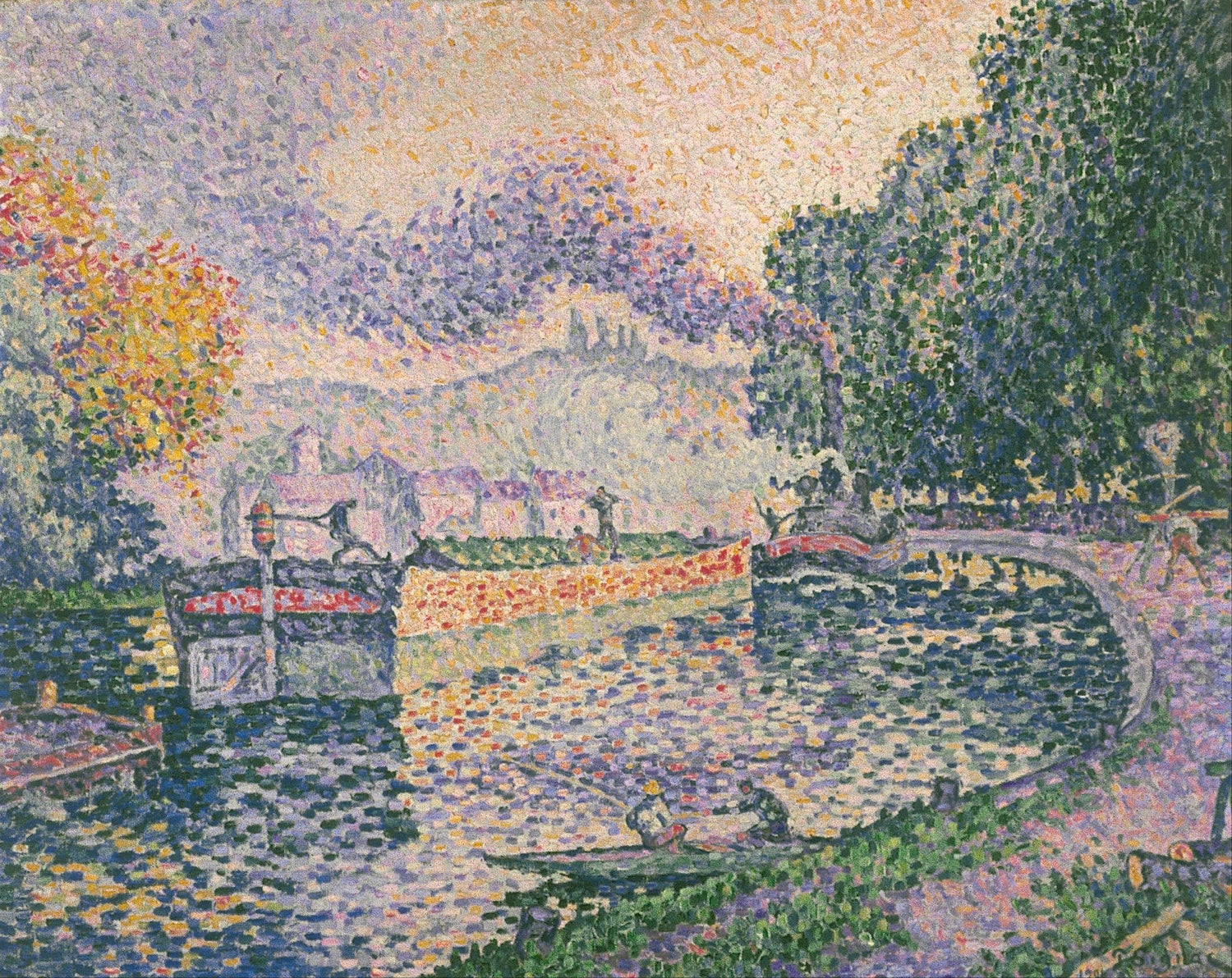 Hand-painted tugboat on the canal at samois landscape oil painting on canvas