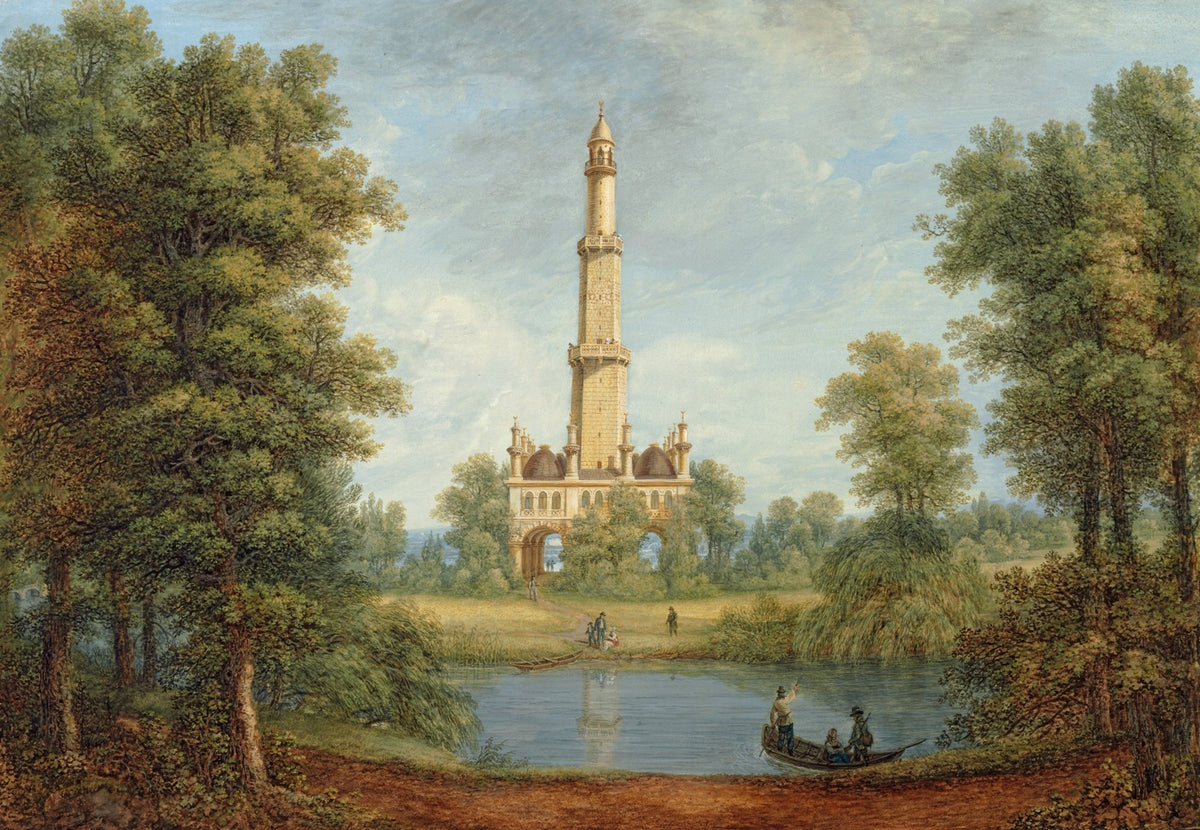 Landscape oil painting of a tall Turkish tower by a river surrounded by lush green trees, hand painted oil on canvas with. - Add Frame, Architecture, Canvas, Forest, Hand Painted, Landscape, Made To Order, Oil Painting, River