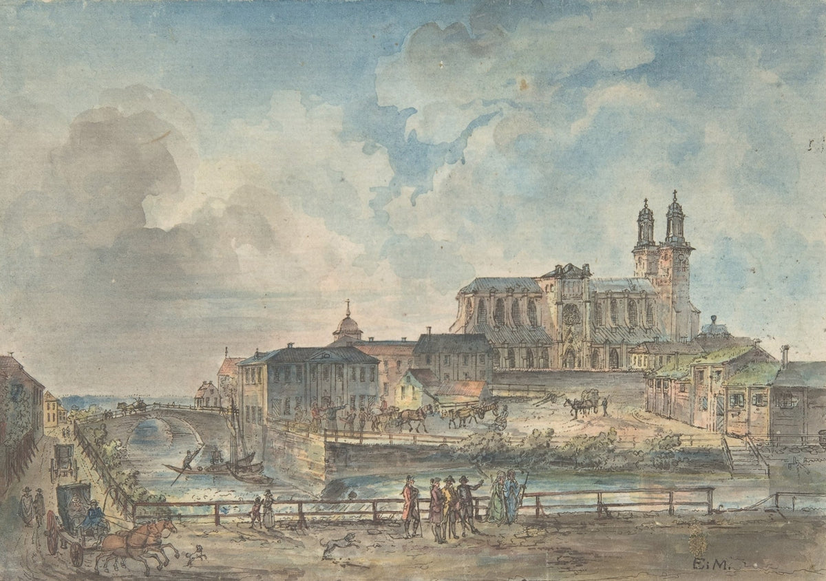 Hand-painted uppsala cathedral and river bridge landscape oil painting on canvas