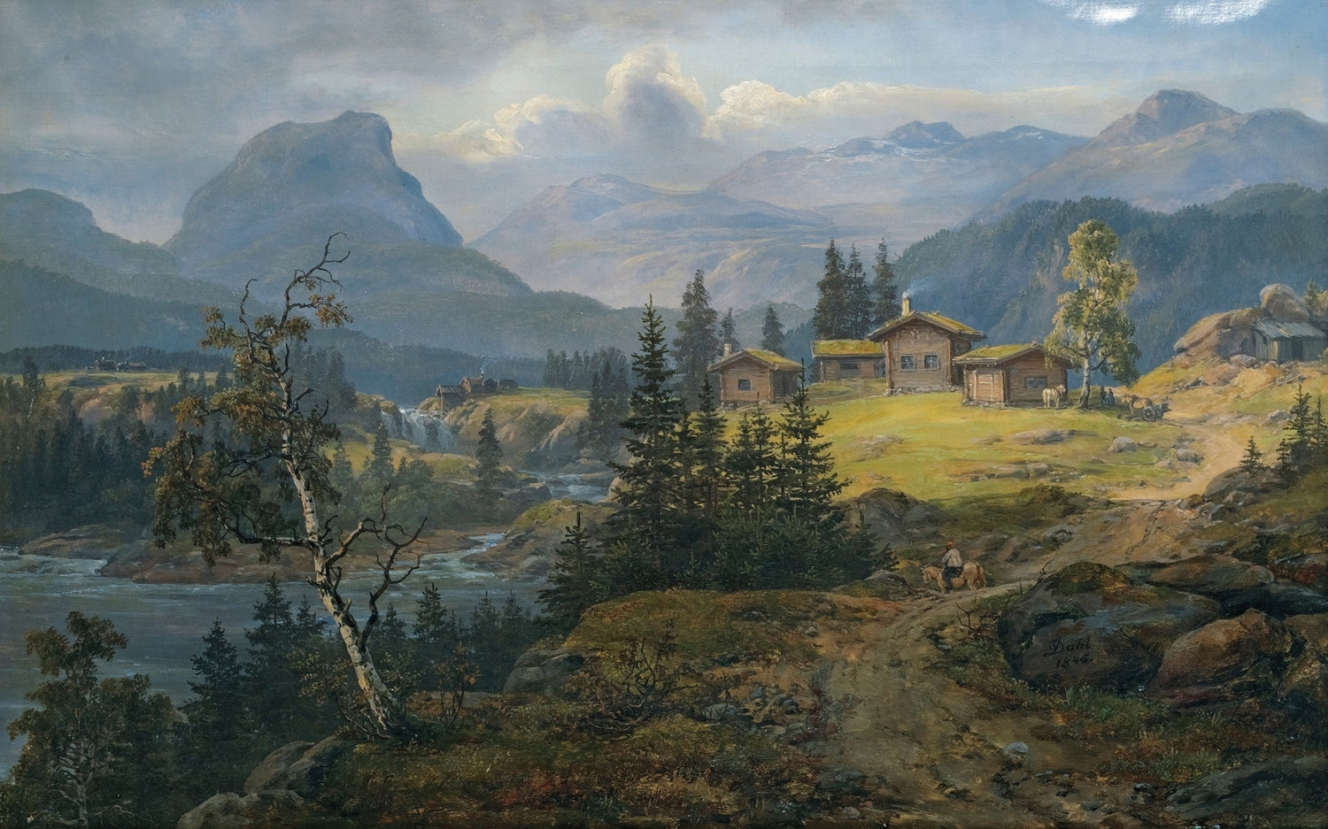 Hand-painted valdres farm with river and mountains landscape oil painting on canvas