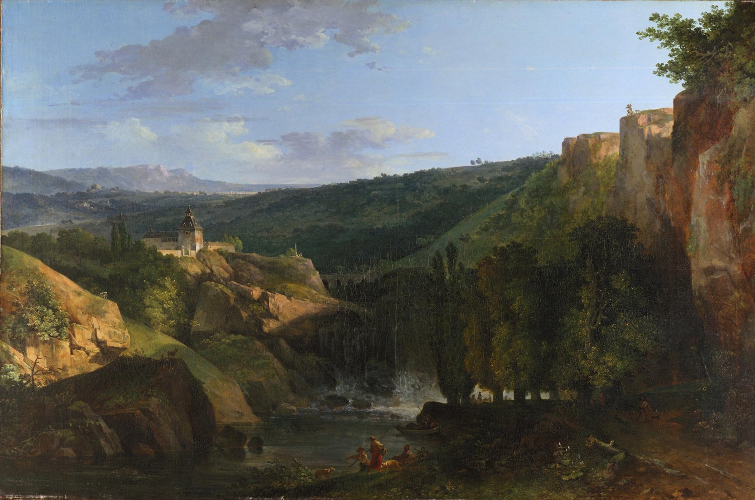 Hand-painted valley waterfall and cliffside chapel landscape oil painting on canvas