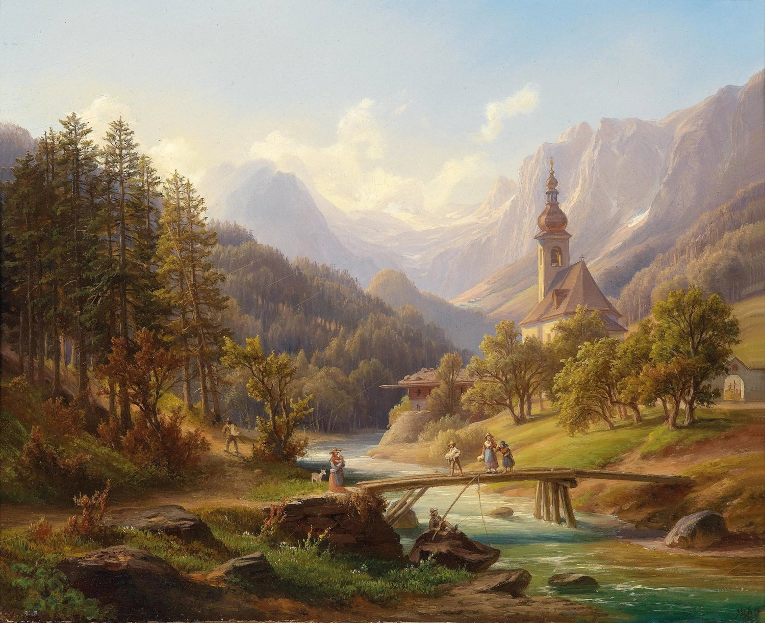 Landscape oil painting on canvas with river flowing under wooden bridge, church tower and figures near path, textured. - Add Frame, Architecture, Canvas, Church, Country, Figure, Hand Painted, Landscape, Made To Order, Mountain, Oil Painting, River