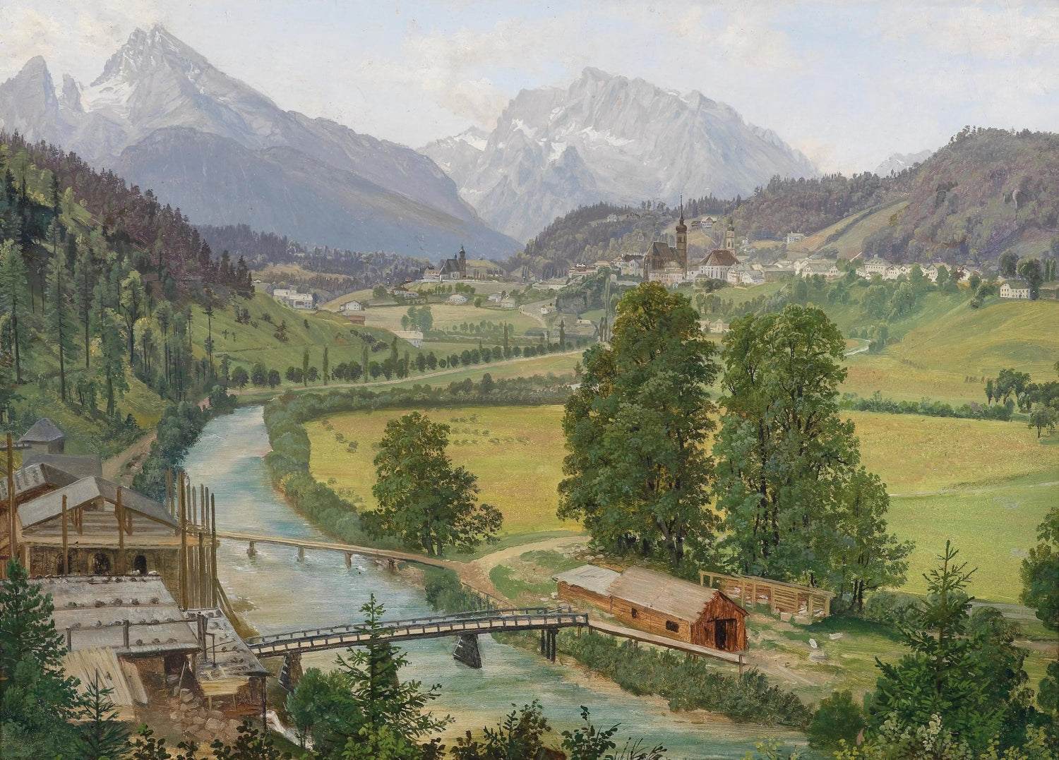 Landscape oil painting of a valley with a winding river, wooden bridge, village buildings, forested hills, and snow-capped. - Add Frame, Architecture, Canvas, Country, Forest, Hand Painted, Landscape, Made To Order, Mountain, Oil Painting, River, Village