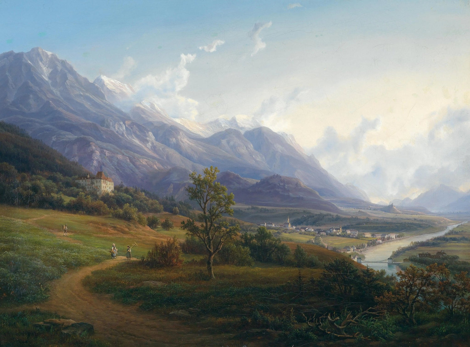Landscape oil painting of a river valley with distant castle, figures on a road, towering mountains, and detailed textured. - Add Frame, Architecture, Canvas, Castle, Country, Figure, Hand Painted, Landscape, Made To Order, Mountain, Oil Painting, River, Road