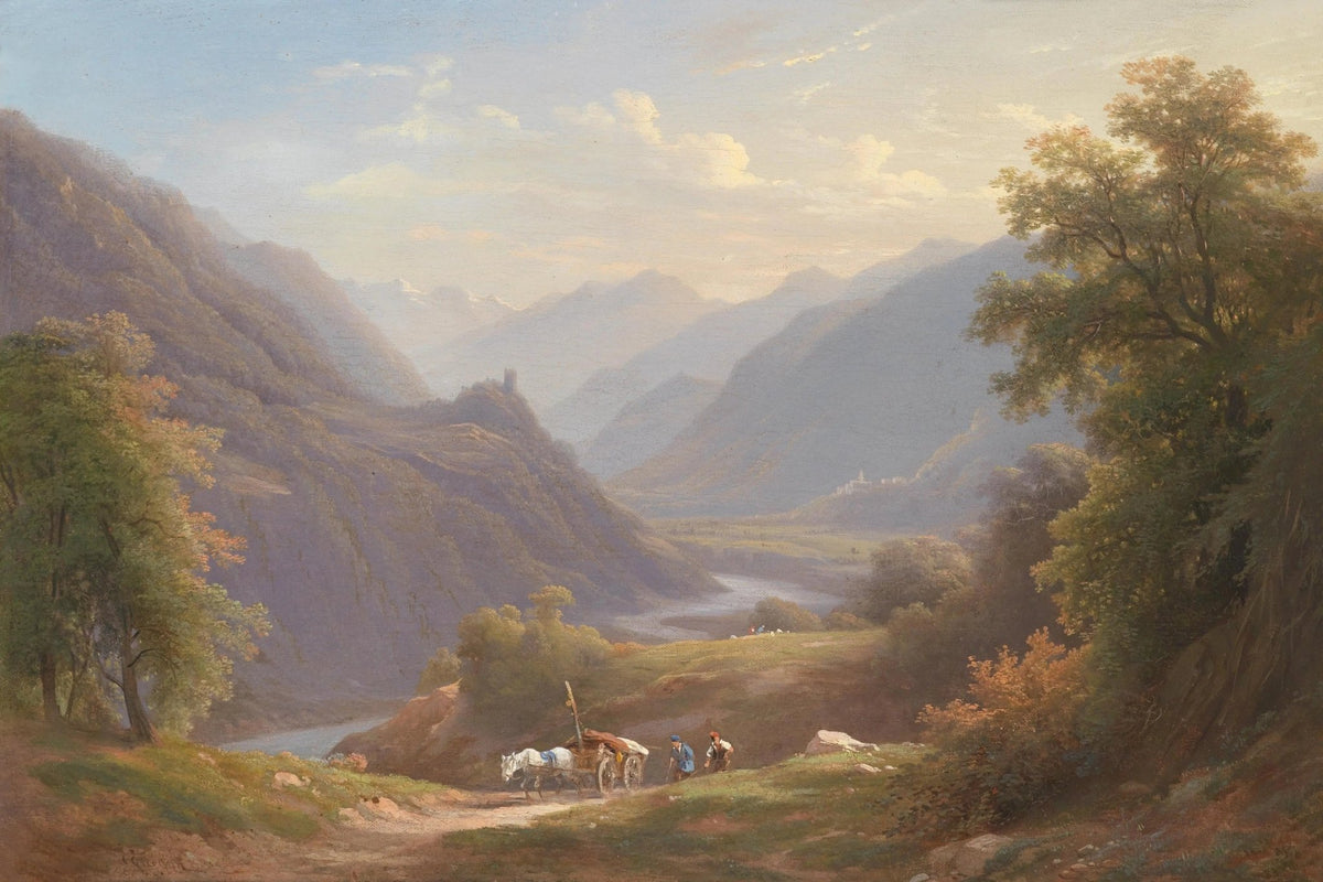 Landscape oil painting of a valley with a winding river, hand painted oil on canvas featuring textured brushwork, figures. - Add Frame, Canvas, Country, Figure, Forest, Hand Painted, Landscape, Made To Order, Mountain, Oil Painting, River