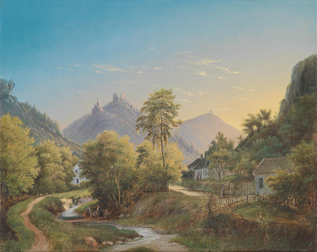 Hand painted landscape oil painting on canvas featuring a valley with textured brushwork, a winding stream, rustic houses,. - Add Frame, Architecture, Canvas, Castle, Figure, Hand Painted, Landscape, Made To Order, Mountain, Oil Painting, River