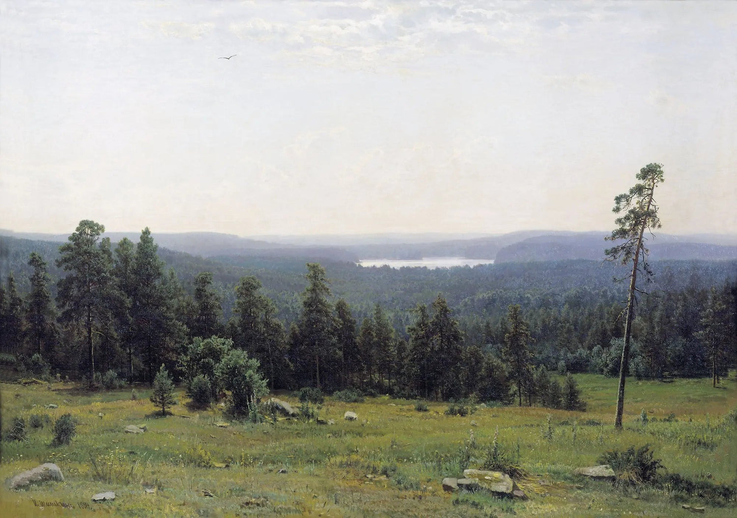 Landscape oil painting of a vast forest and lake vista with textured brushwork on canvas, hand painted oil painting. - Add Frame, Canvas, Forest, Hand Painted, Lake, Landscape, Made To Order, Oil Painting