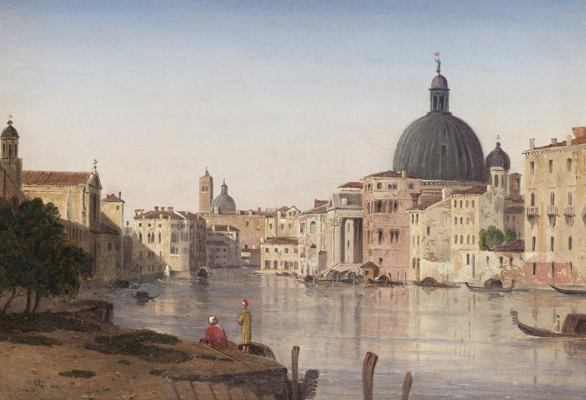 Hand-painted venetian canal and domed city view landscape oil painting on canvas