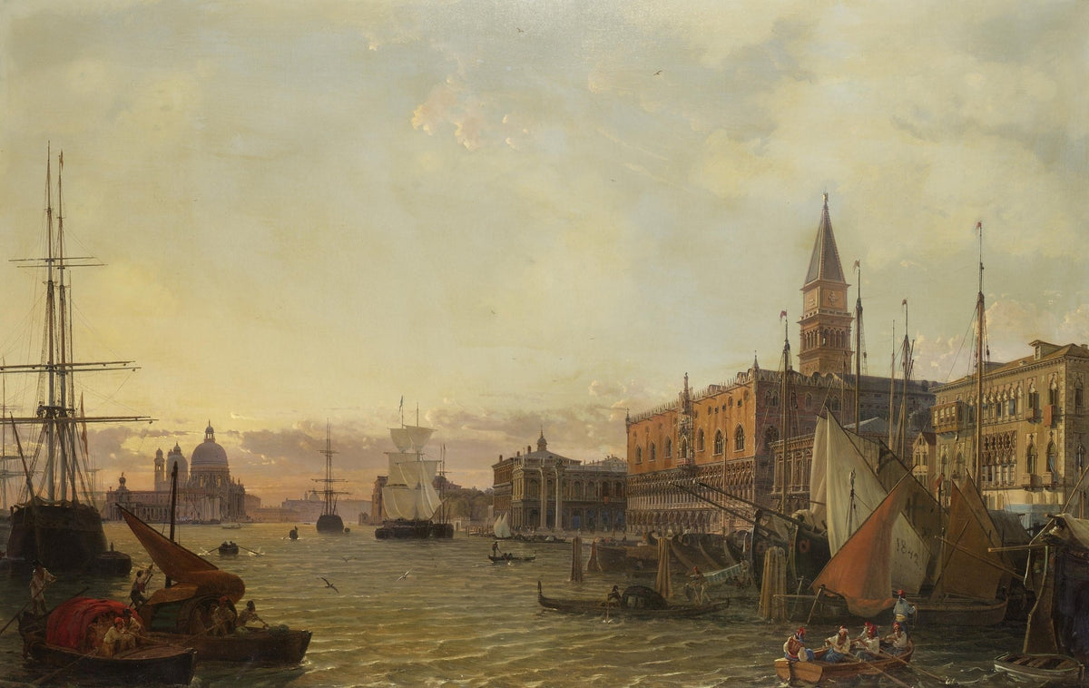 Hand-painted venetian canal cityscape and sailing boats landscape oil painting on canvas