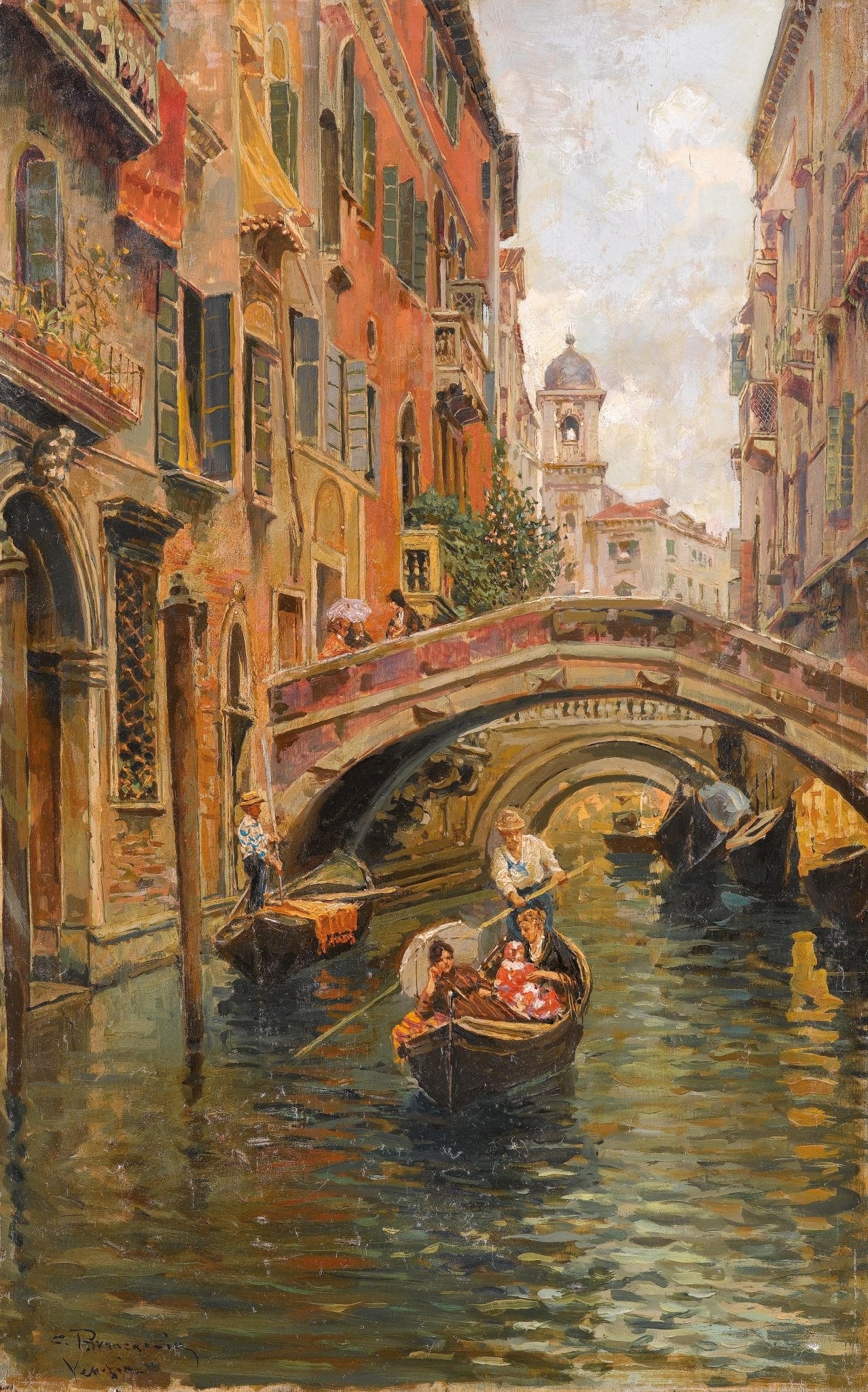 Hand-painted venetian canal with gondola bridge landscape oil painting on canvas