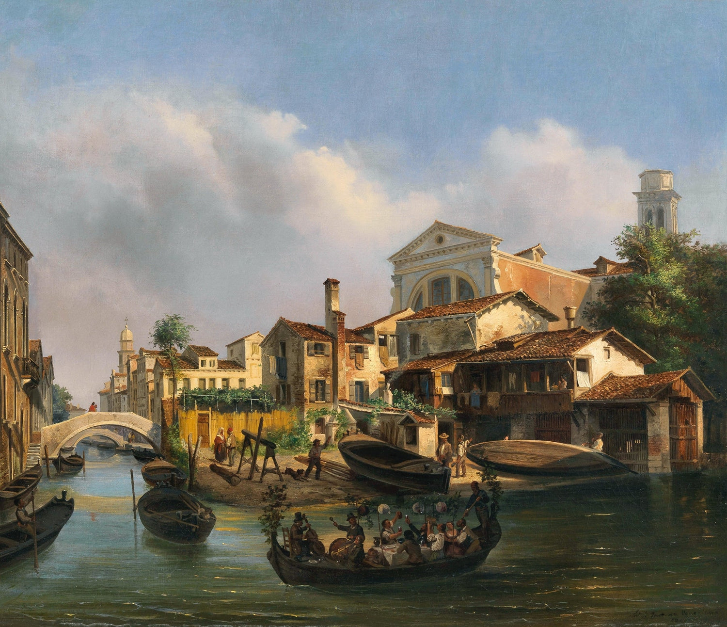 Hand-painted venetian canal with gondolas and boats landscape oil painting on canvas