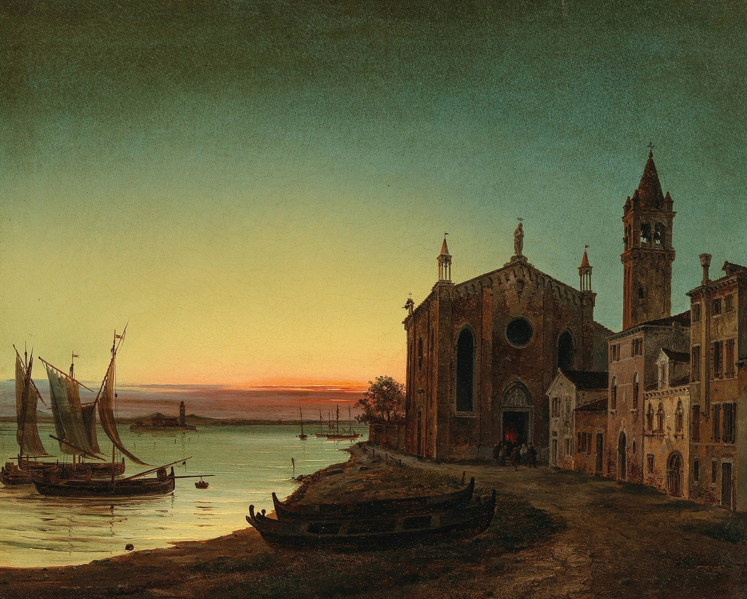 Hand-painted venetian church at sunset with sailboats landscape oil painting on canvas