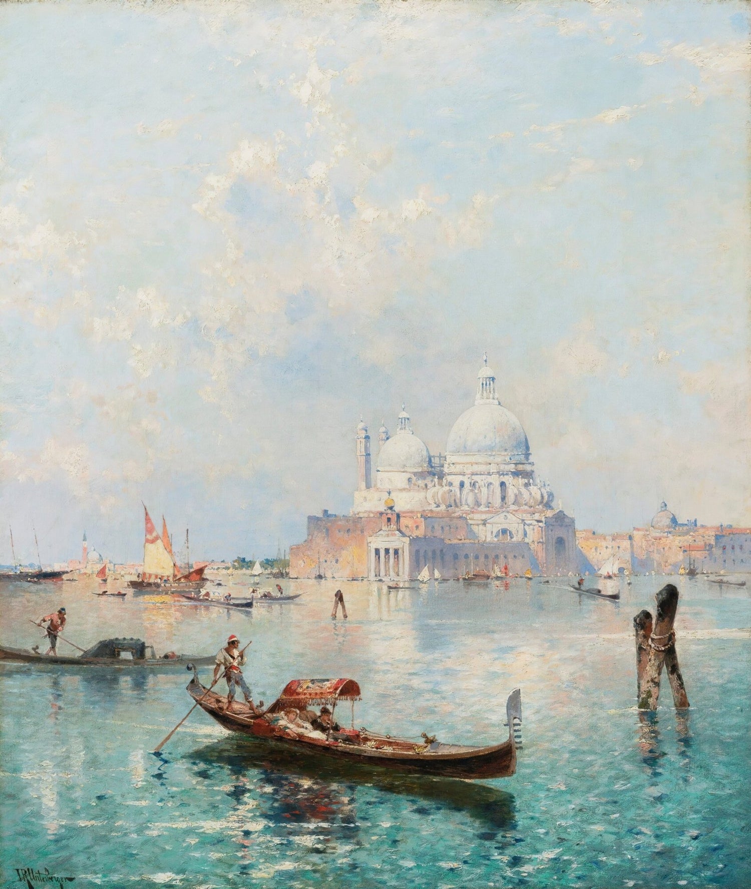Hand-painted venetian gondola and santa maria view landscape oil painting on canvas