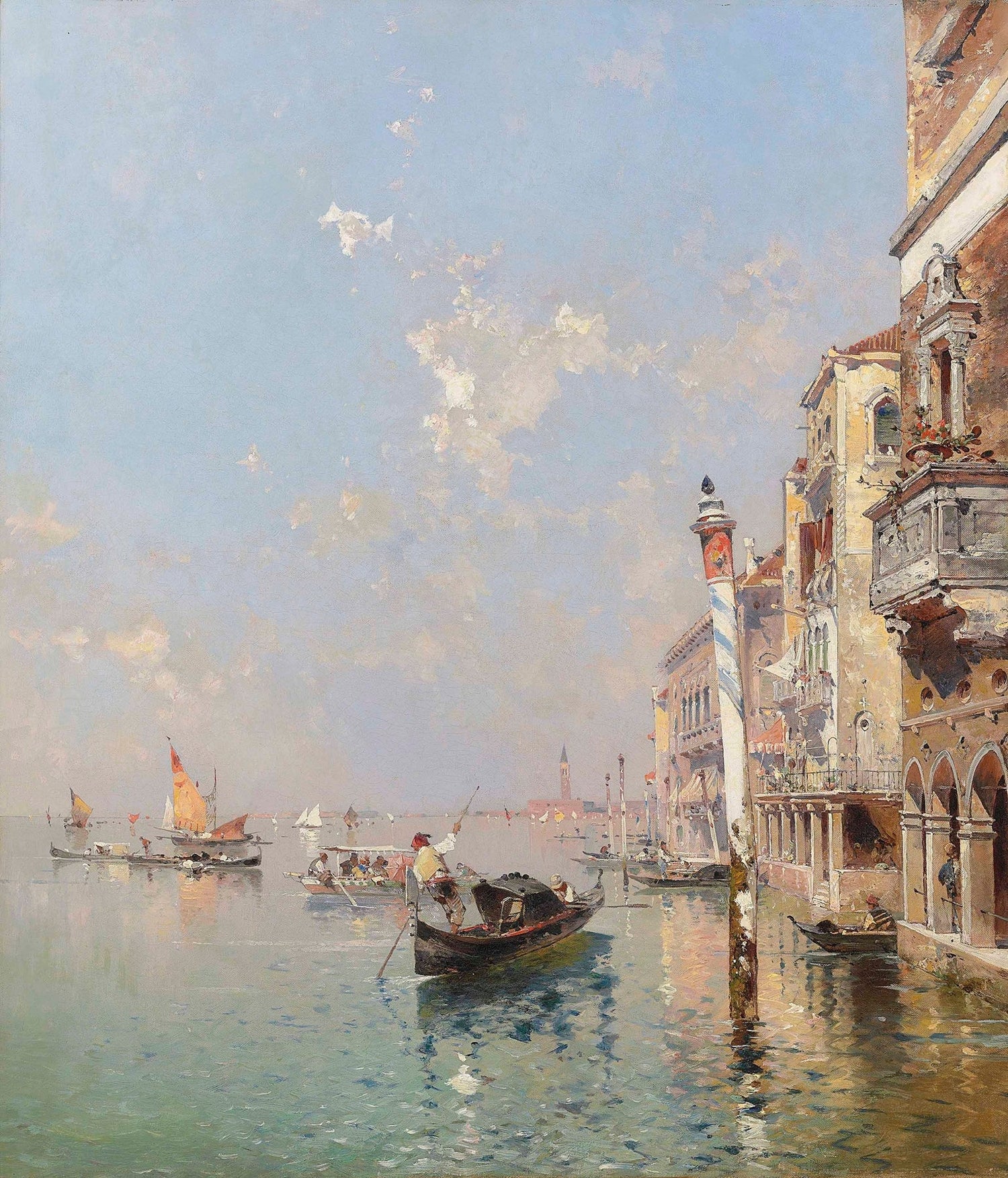 Hand-painted venetian lagoon with gondolas landscape oil painting on canvas