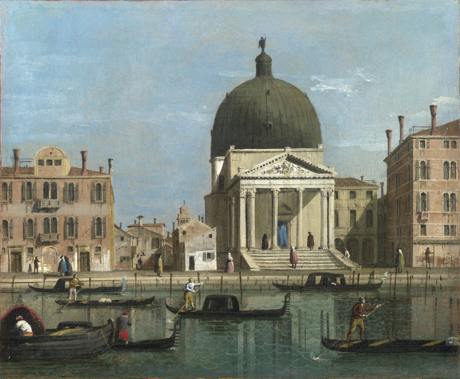 Landscape oil painting of Venice canal with boats and large domed church, textured brushwork on canvas, hand painted oil. - Add Frame, Architecture, Boat, Canal, Canvas, Church, Hand Painted, Landscape, Made To Order, Oil Painting, Venice