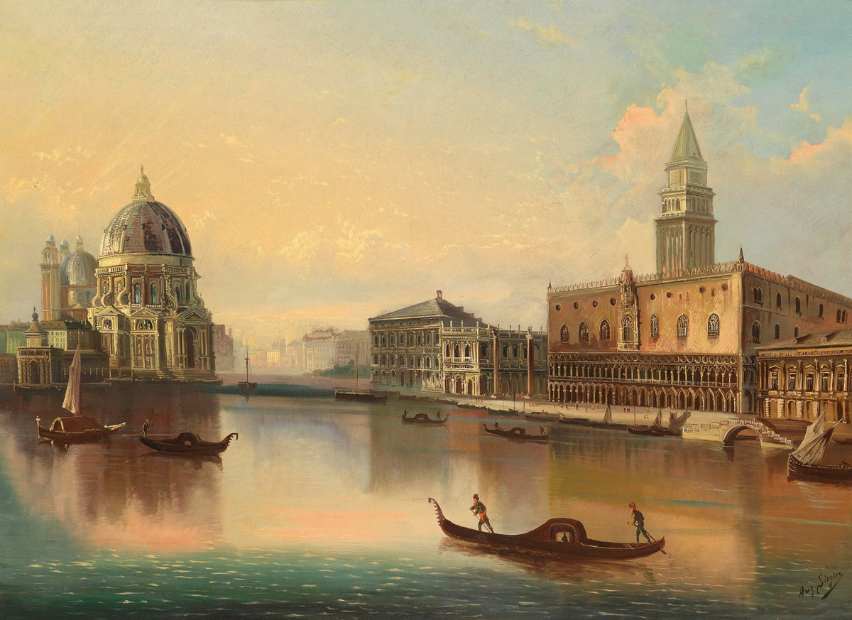 Hand painted landscape oil painting of Venice canal at sunset with basilica, historic buildings, gondolas, and textured. - Boat, Canal, Canvas, Hand Painted, Landscape, Made To Order, Oil Painting, Sunset, Venice