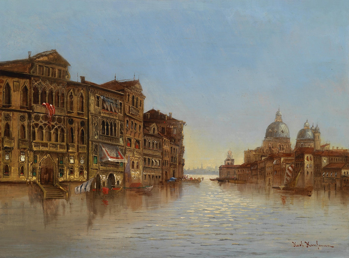 Landscape oil painting of Venice canal with historic architecture, boats, and textured brushwork on oil on canvas. - Architecture, Boat, Canal, Canvas, Church, Hand Painted, Lake, Landscape, Made To Order, Oil Painting, Venice