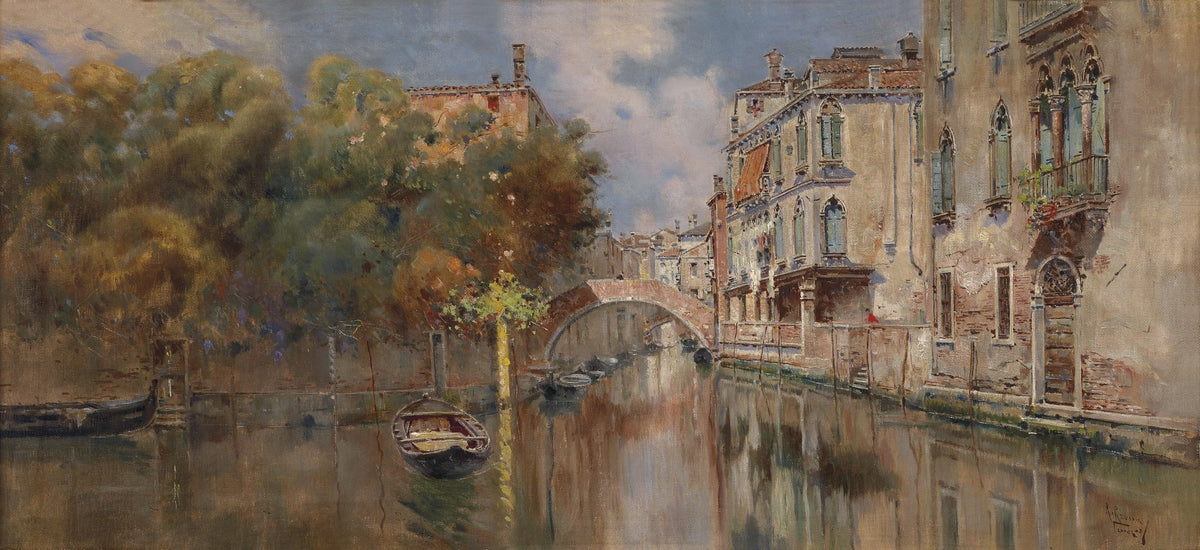 Hand painted landscape oil painting of Venice canal with historic buildings, boats, and textured brushwork on canvas. - Architecture, Boat, Canal, Canvas, Forest, Hand Painted, Landscape, Made To Order, Oil Painting, Venice