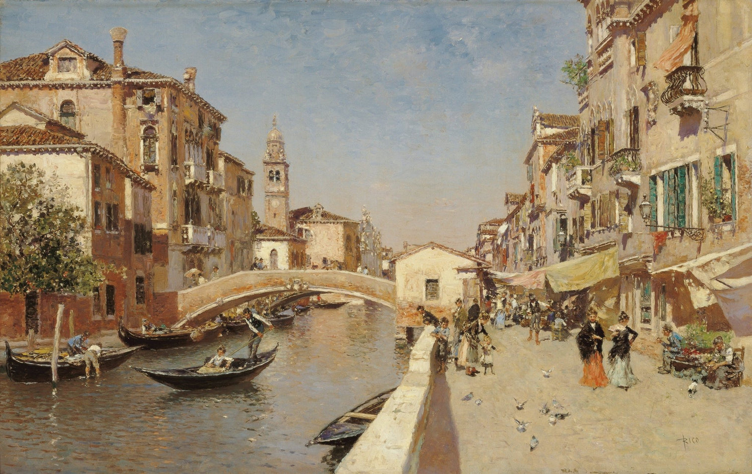 Landscape oil painting of Venice canal street with stone bridge, boats moored, and detailed architecture, textured brushwork . - Add Frame, Architecture, Boat, Canal, Canvas, Hand Painted, Landscape, Made To Order, Oil Painting, Venice