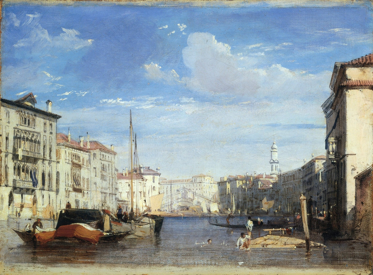 Landscape oil painting of Venice canal with boats and arched bridge, textured brushwork on oil on canvas, hand painted oil. - Add Frame, Architecture, Boat, Canal, Canvas, Hand Painted, Landscape, Made To Order, Oil Painting, Venice