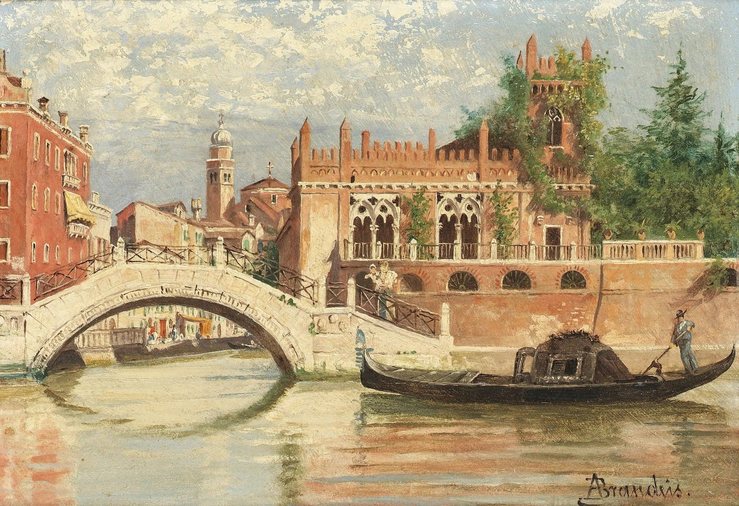 Hand painted landscape oil painting on canvas of Venice canal with arched stone bridge, gondola, and historic buildings,. - Add Frame, Architecture, Boat, Canal, Canvas, Figure, Hand Painted, Landscape, Made To Order, Oil Painting, Venice