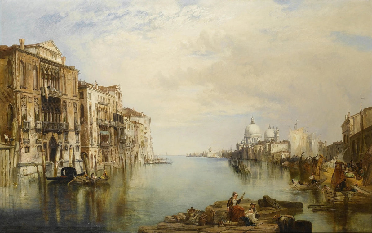 Landscape oil painting of Venice canal with historic buildings, boats, and figures, featuring textured brushwork and oil on. - Add Frame, Architecture, Boat, Canal, Canvas, Figure, Hand Painted, Landscape, Made To Order, Oil Painting, Venice