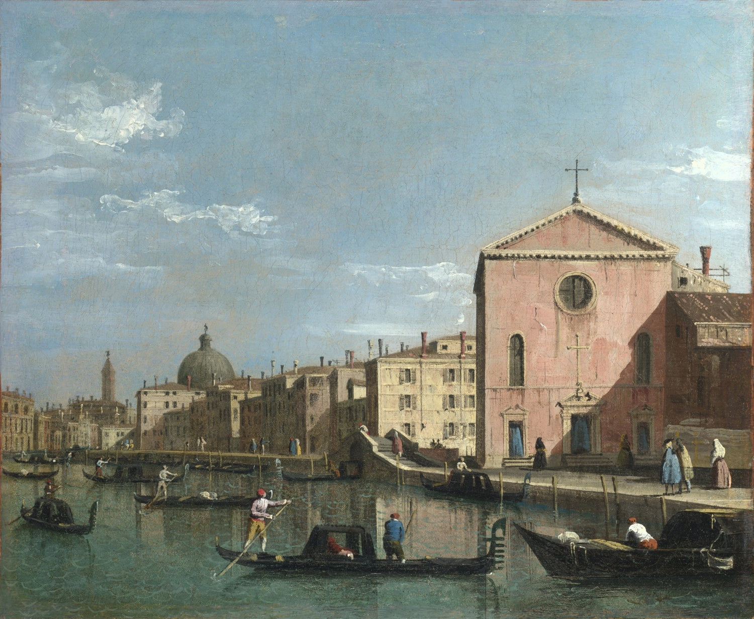 Landscape oil painting of Venice Grand Canal with pink church, gondolas, and textured brushwork on canvas. - Add Frame, Architecture, Boat, Canal, Canvas, Church, Hand Painted, Landscape, Made To Order, Oil Painting, Venice