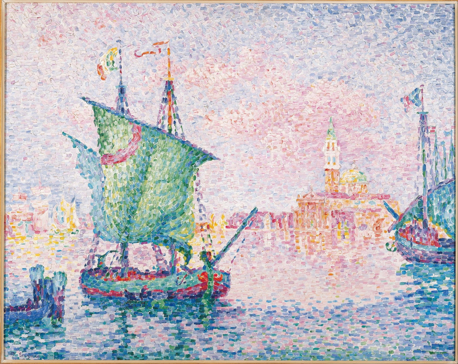 Hand-painted venice lagoon sailboats and pink cloud landscape oil painting on canvas