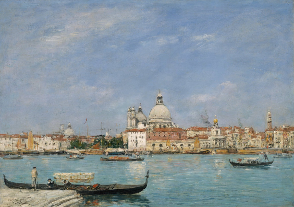 Landscape oil painting of Venice lagoon with gondolas and domed church under a light blue sky, textured brushwork on canvas. - Add Frame, Boat, Canvas, Hand Painted, Landscape, Made To Order, Oil Painting, Venice