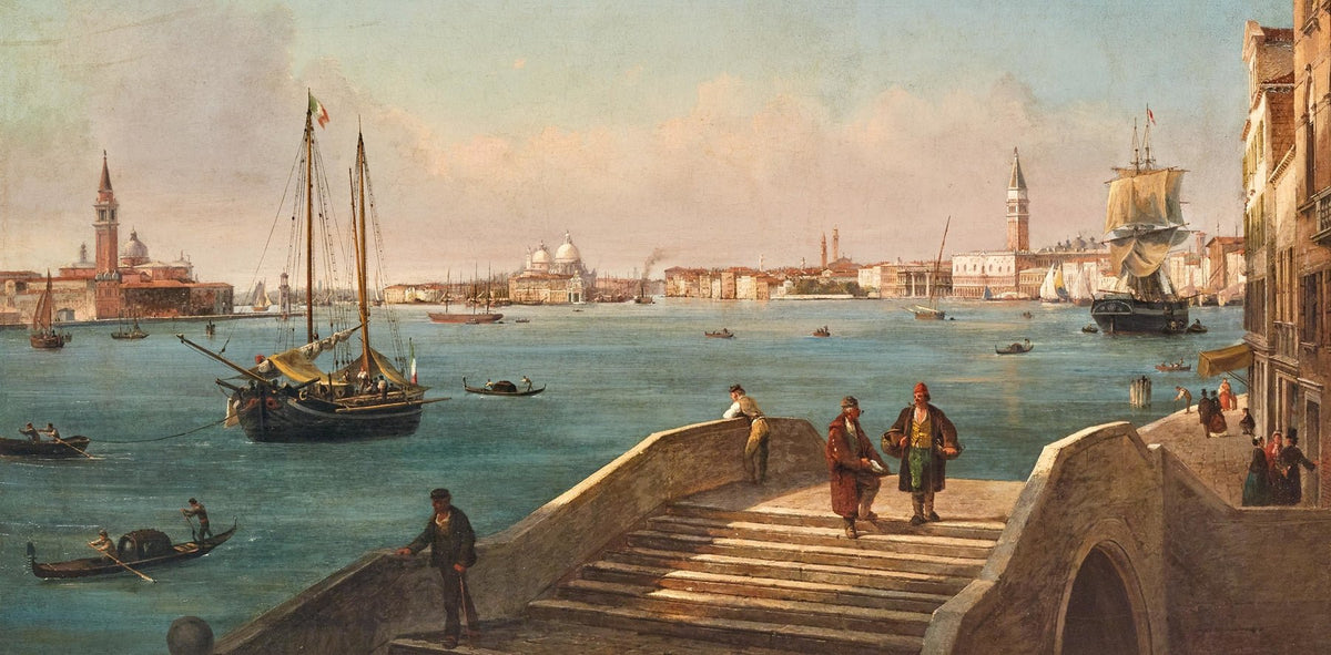 Hand-painted venice riva with sailboats and lagoon landscape oil painting on canvas