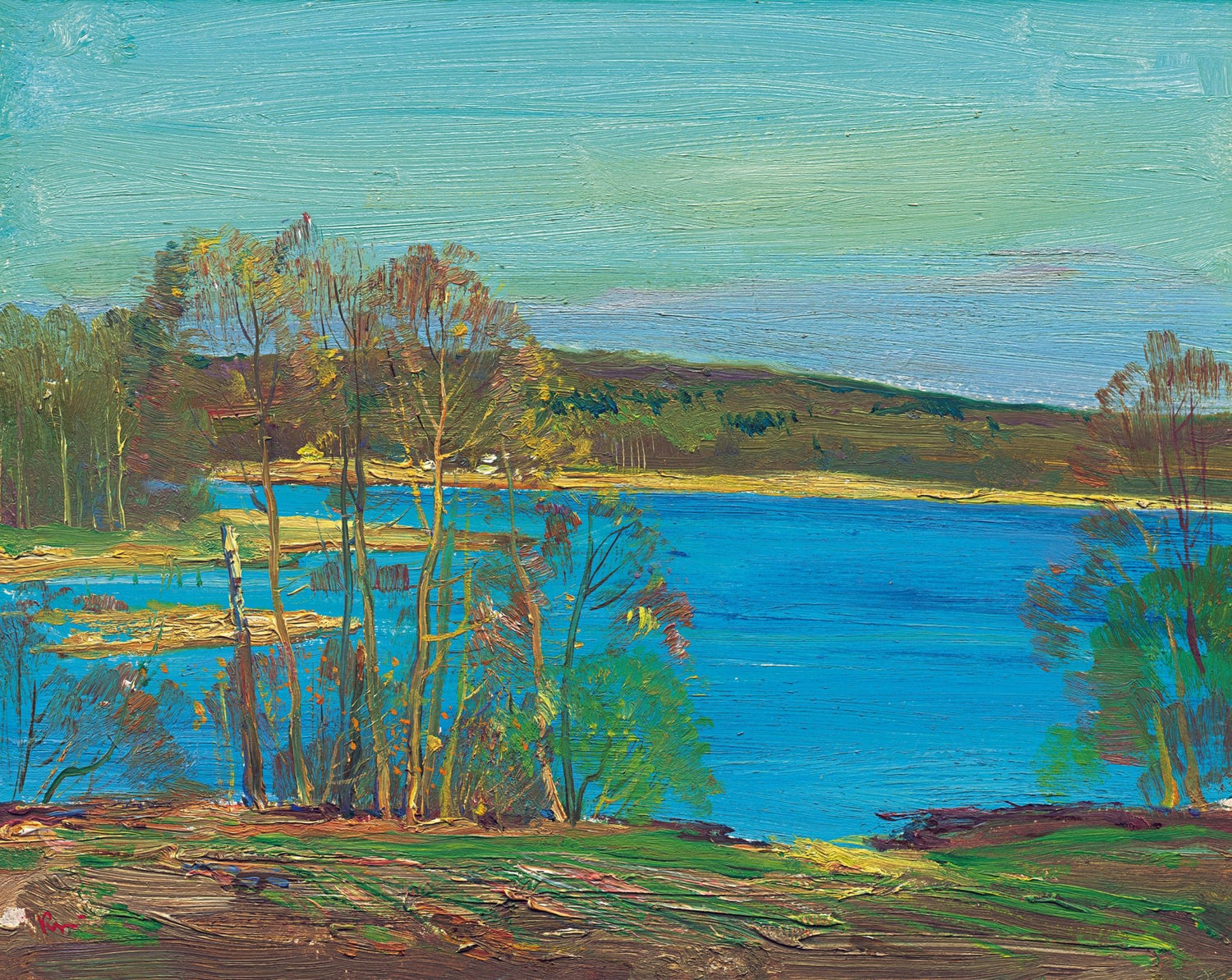 Landscape Oil Painting - Vibrant Lake & Shore Scene: Trees, Bold Hues - Oil Painting Haven