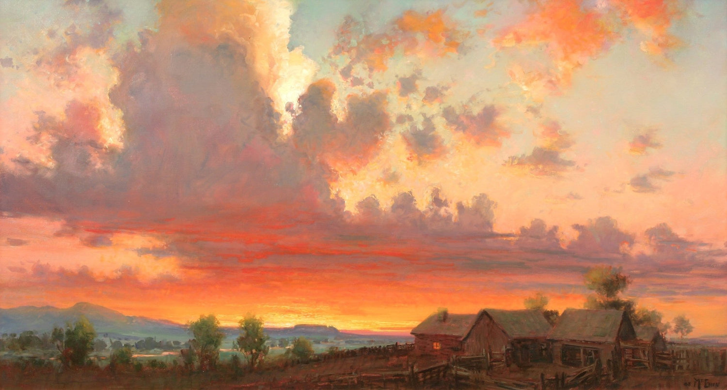 Landscape Oil Painting - Vibrant sunset rural farm & fiery clouds - Oil Painting Haven