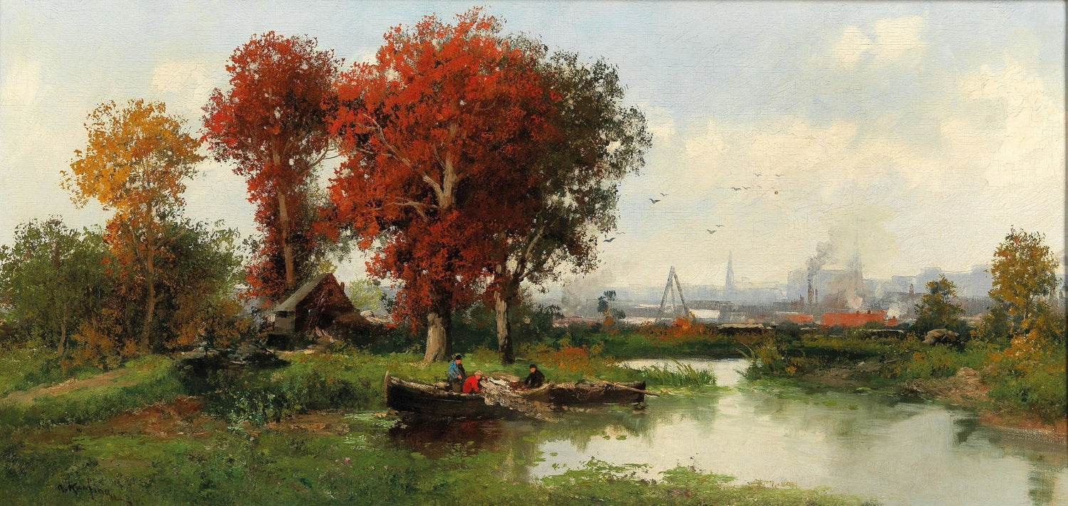 Hand-painted vienna wetland with red autumn trees landscape oil painting on canvas