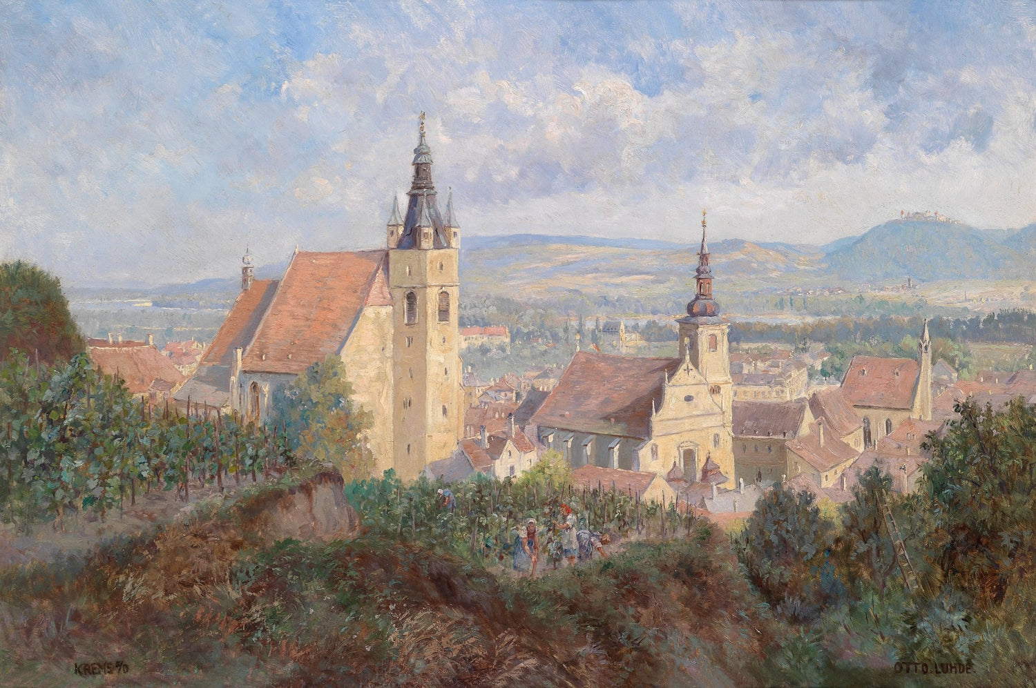 Hand-painted village church towers and vineyard view landscape oil painting on canvas