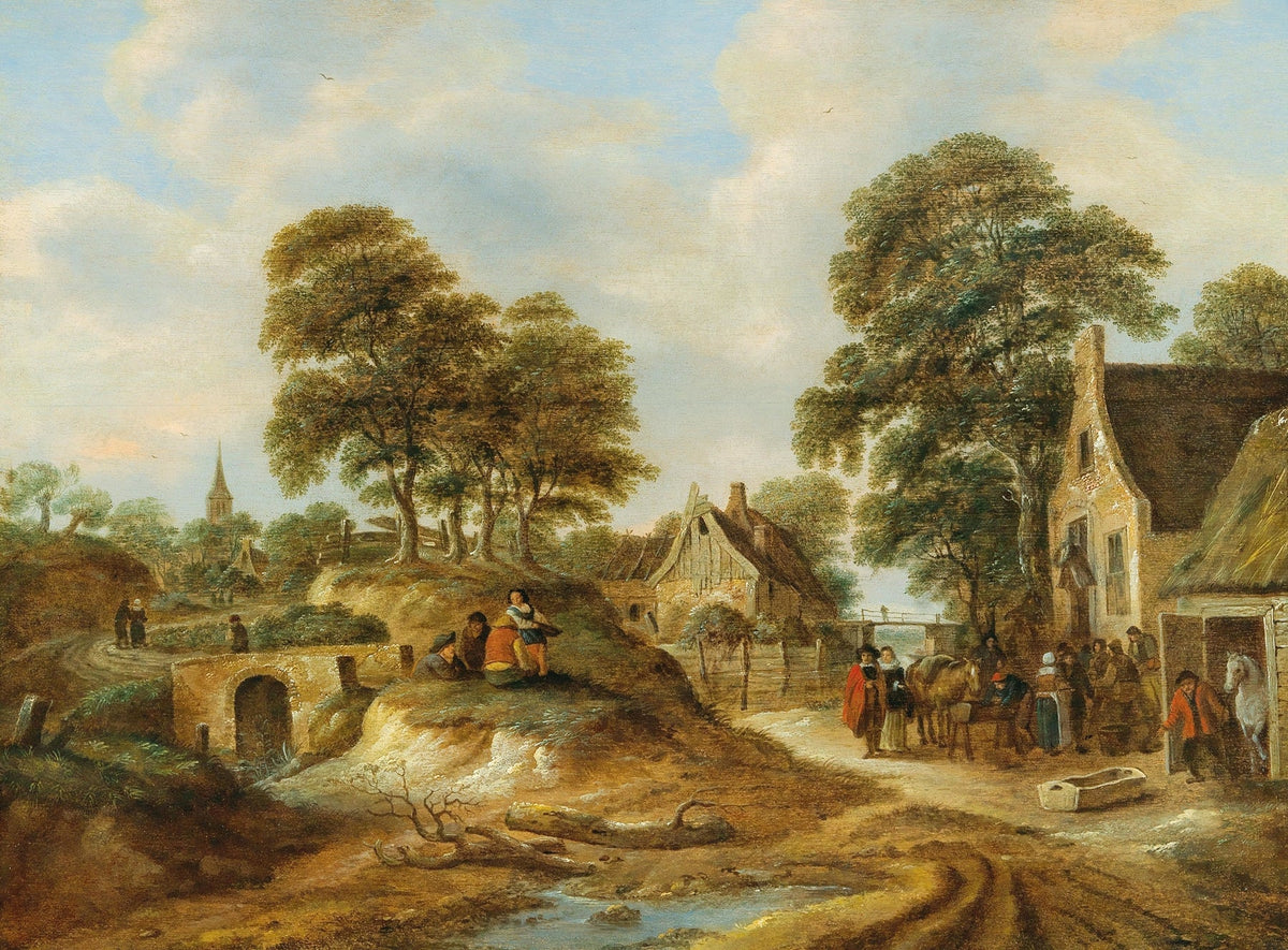Hand-painted village inn with travelers and trees landscape oil painting on canvas