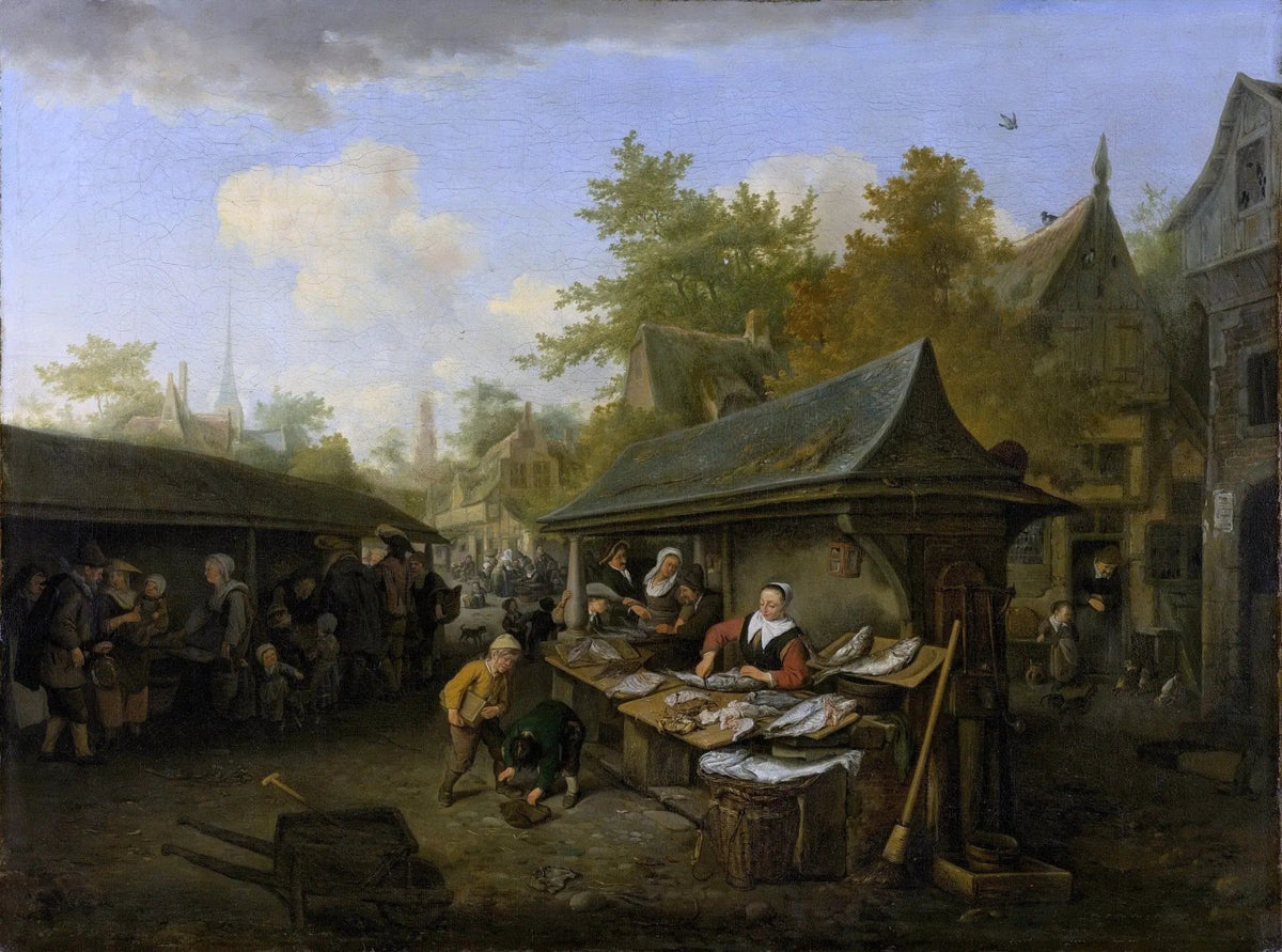 Hand painted oil on canvas landscape oil painting of a lively village market scene with textured brushwork, featuring. - Add Frame, Canvas, Country, Figure, Hand Painted, Landscape, Made To Order, Oil Painting, Village