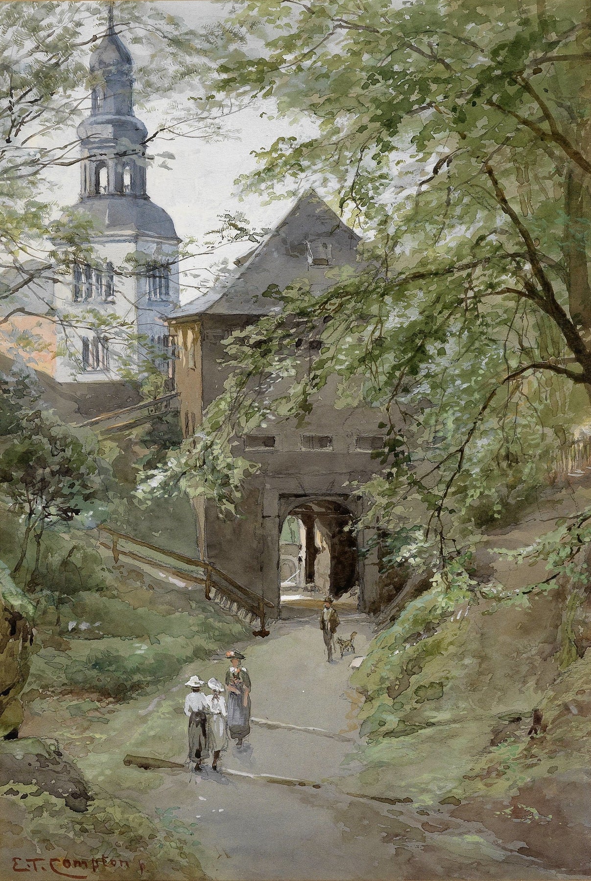 Landscape Oil Painting - Village path archway & bell tower - Oil Painting Haven
