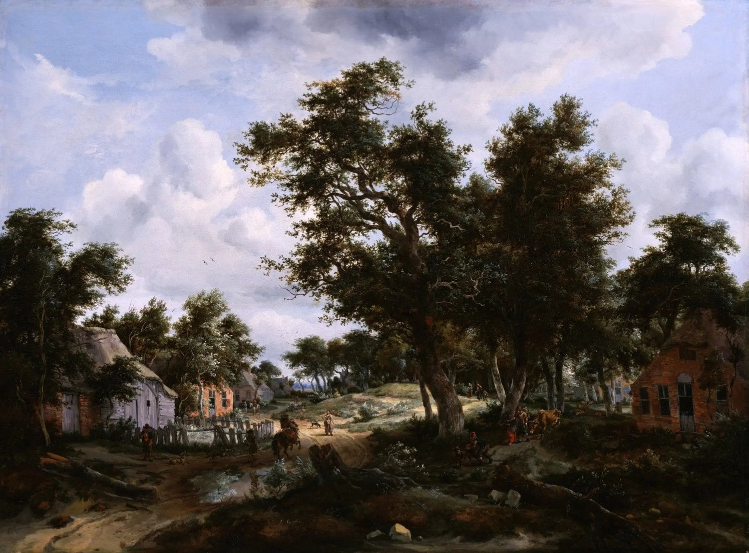 Landscape oil painting depicting a village path with figures walking amid tall trees, textured brushwork on oil on canvas,. - Add Frame, Canvas, Country, Figure, Forest, Hand Painted, Landscape, Made To Order, Oil Painting, Road, Village