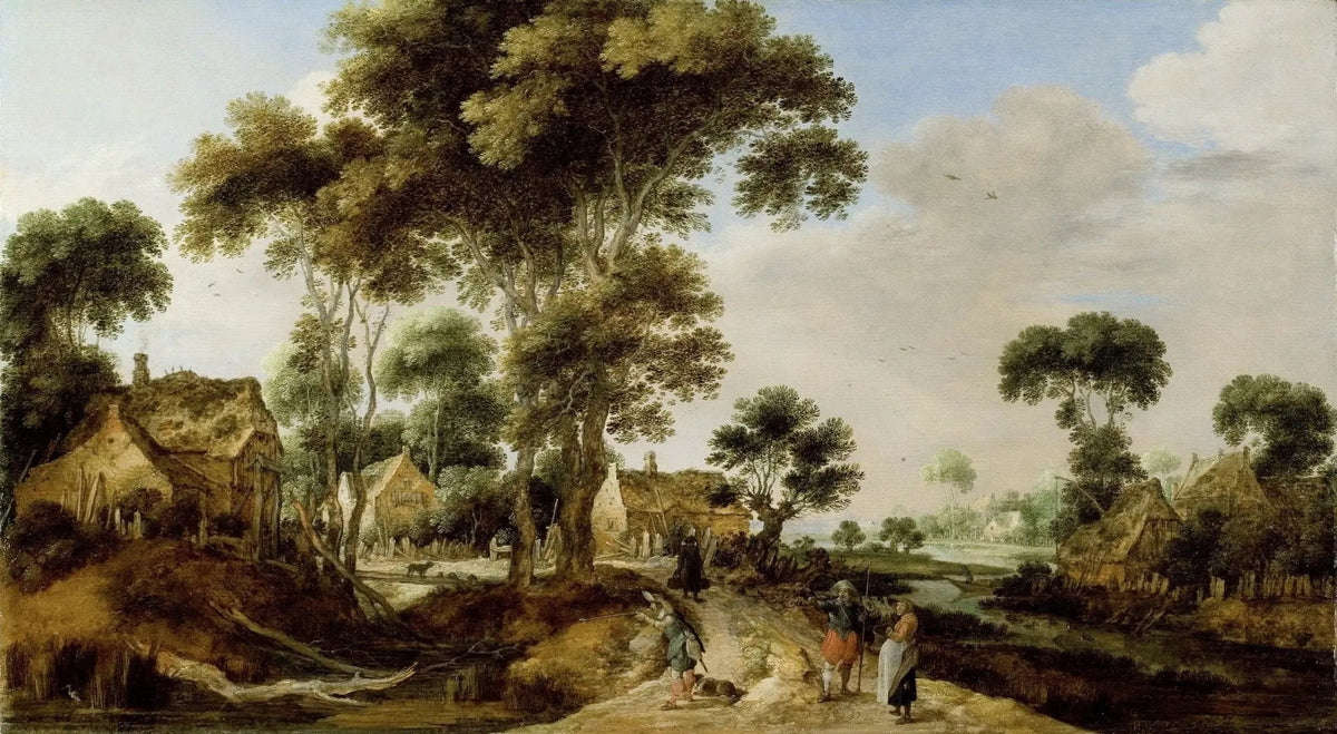 Hand painted oil on canvas landscape oil painting featuring village figures walking along a textured brushwork road. - Add Frame, Canvas, Country, Figure, Forest, Hand Painted, Landscape, Made To Order, Oil Painting, Village