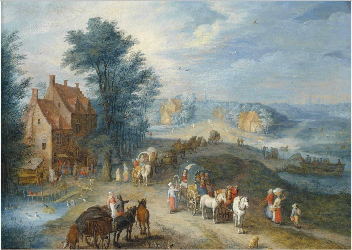 Hand-painted village square with carts and horses landscape oil painting on canvas