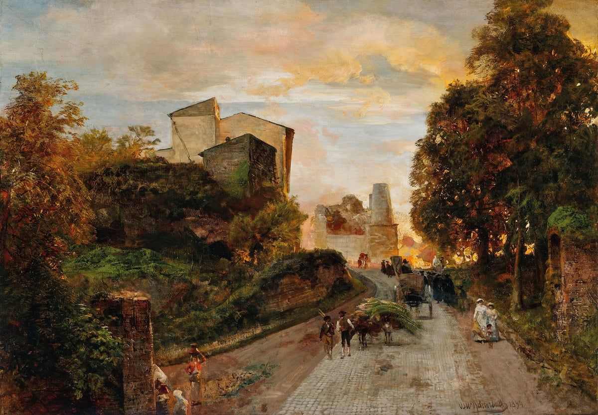 Hand-painted village street at sunset with carts landscape oil painting on canvas