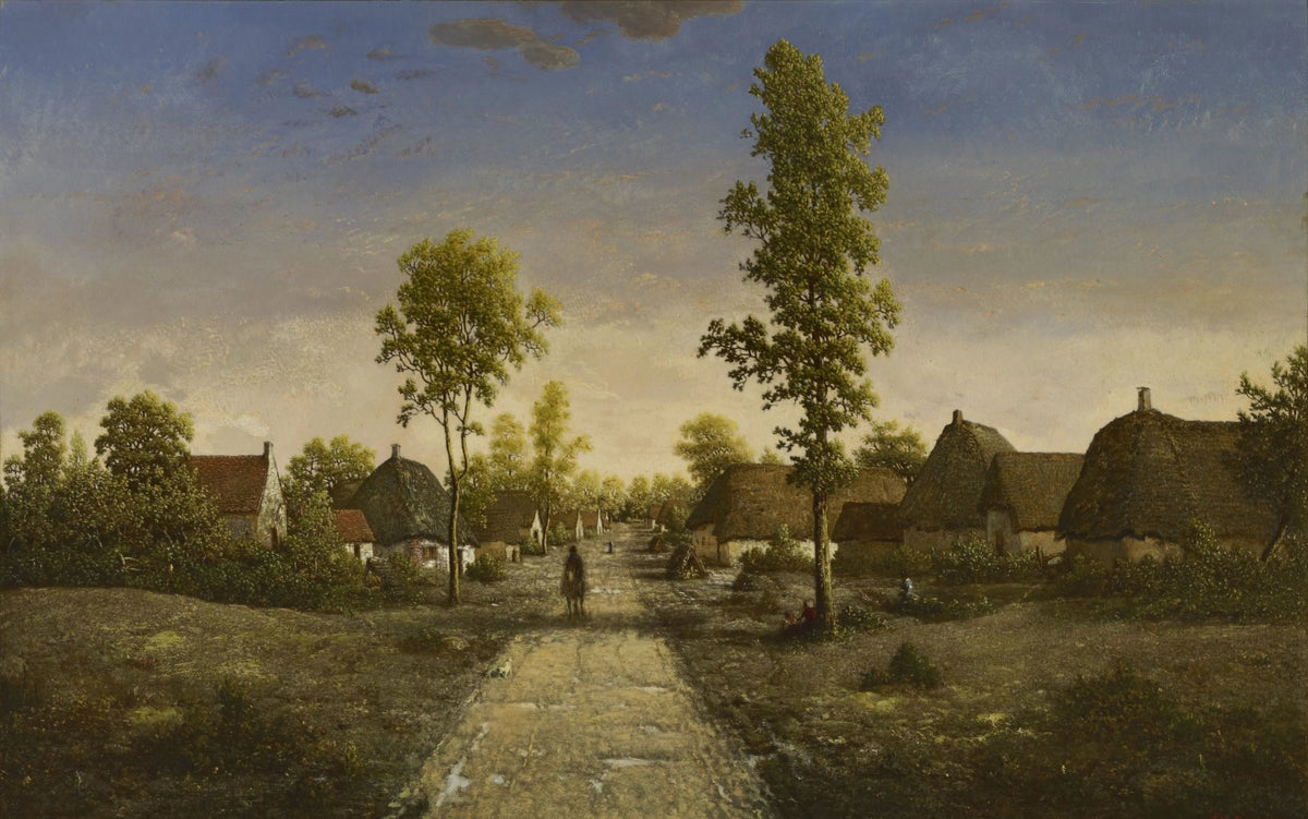 Landscape oil painting of village street with thatched houses and a solitary figure, textured brushwork on oil on canvas,. - Add Frame, Canvas, Country, Figure, Forest, Hand Painted, Landscape, Made To Order, Oil Painting, Village