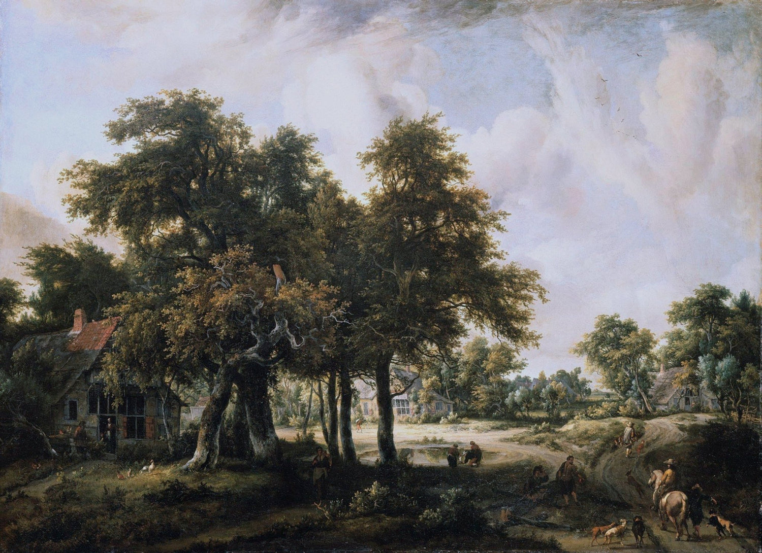 Landschaft Ölgemälde – Dorf Bäume, Figuren & Häuser