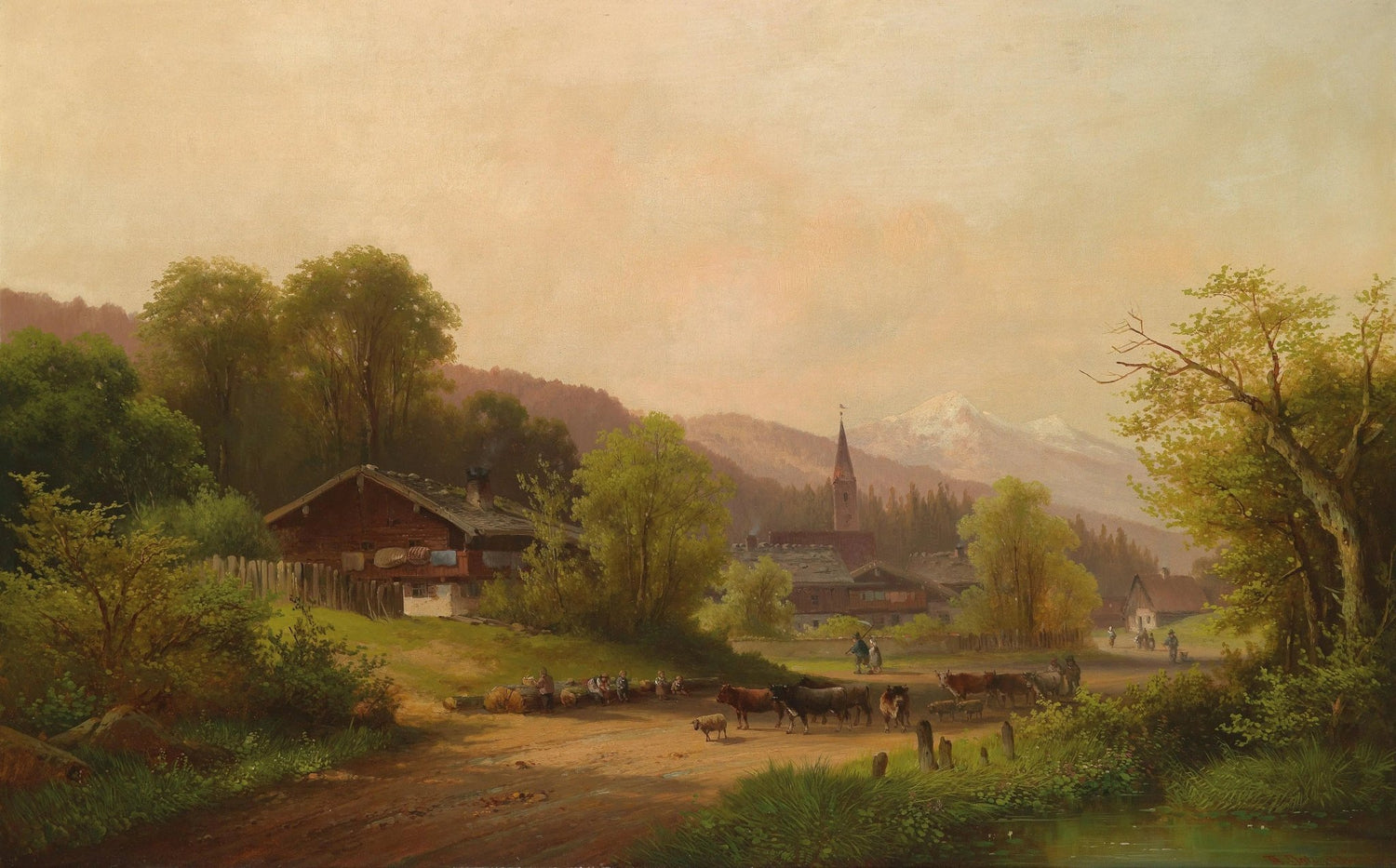 Landscape oil painting of a village with cattle and figures near rustic houses, mountains in background, textured brushwork. - Add Frame, Animal, Canvas, Country, Farm, Figure, Forest, Hand Painted, Landscape, Made To Order, Mountain, Oil Painting, Village