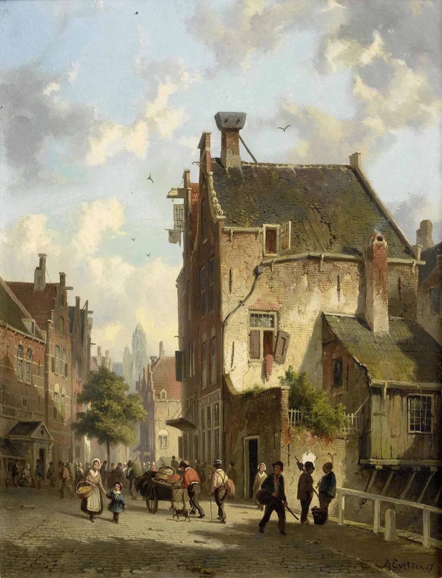 Hand painted oil on canvas landscape oil painting of vintage village street with figures, textured brushwork, cloudy sky. - Add Frame, Architecture, Canvas, Figure, Hand Painted, Landscape, Made To Order, Oil Painting, Village