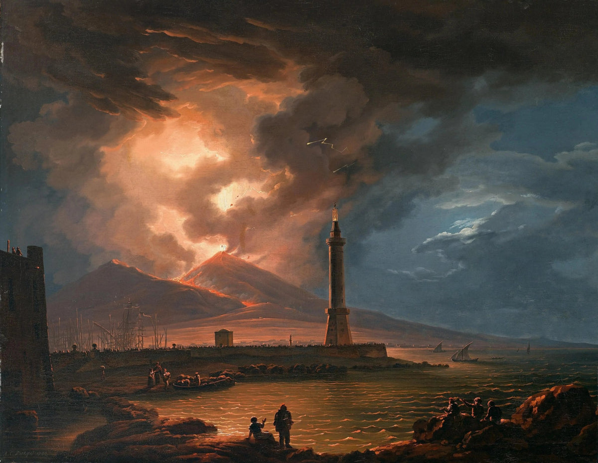 Landscape oil painting of a volcanic eruption glowing orange against dark stormy sky, lighthouse standing tall near the. - Add Frame, Canvas, Coastal, Figure, Hand Painted, Landscape, Made To Order, Oil Painting, Seascape