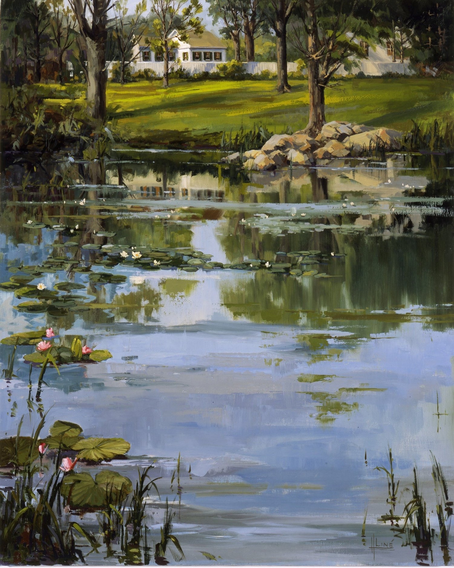 Hand-painted water lily pond, reflections, house & lawn landscape oil painting on canvas