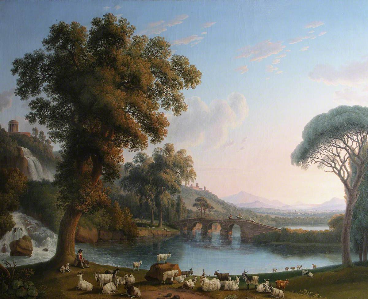 Hand-painted waterfall bridge with grazing goats landscape oil painting on canvas